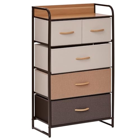 HOMCOM Kommode, Sideboard mit 5 Faltbaren Stoff-Schubladen, Griff, Aufbewahrungsschrank mit Kippschutz für Wohnzimmer, Schlafzimmer, Braun