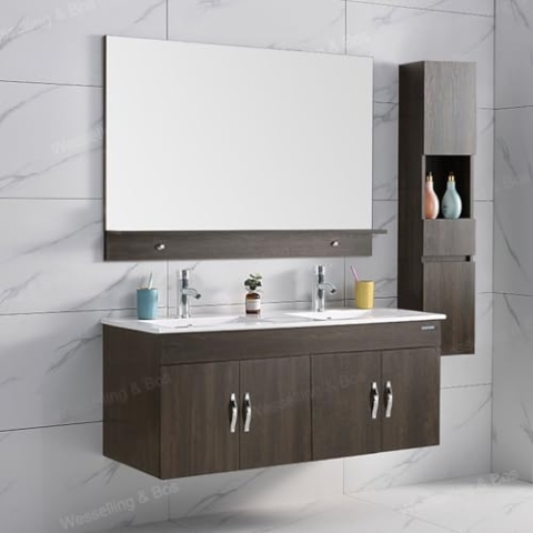 WEBO Badezimmermöbel-Set Atlanta, 120 cm, Braun, mit Spiegel und Seitenschrank, inkl. Armatur und Ablauf