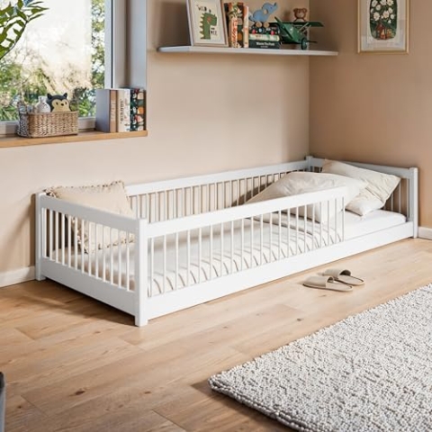 Kinderbett Bodenbett 90x200 cm Bett mit Rausfallschutz & Lattenrost Montessori Bett Bed Gitterbett Kinder Jugendbett Einzelbett optional mit Matratze | weiß Design Kiefer Holz massiv Junge Mädchen