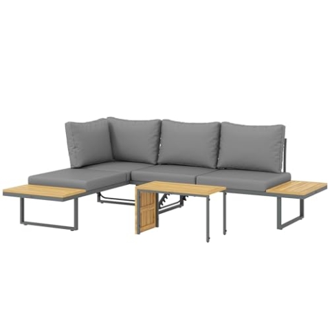 Outsunny Akazienholz Gartenmöbel Set 6 Personen L-Förmig Gartenlounge mit Eckbank verstellbar Rückenlehne Beistelltisch Kissen Balkonmöbel-Set Outdoor Sitzgruppe für Garten Terrasse Balkon Hellgrau