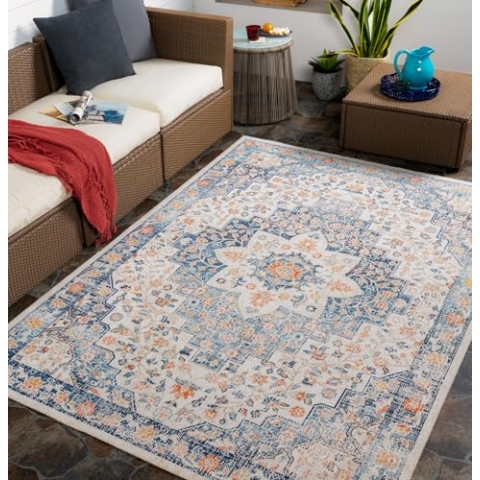 Livabliss Outdoor Teppich Wetterfest Assa - In- und Outdoor für Balkon, Terrasse, Garten, Küche 200x275 cm - Boho Style Blau, Beige, Rost
