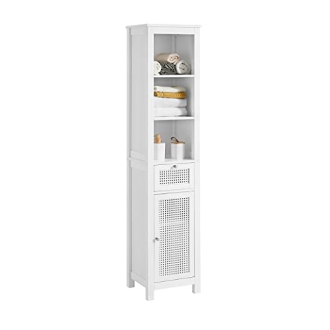 SoBuy BZR36-W Badezimmer-Hochschrank mit Gitteroptik Badregal Badschrank Badmöbel mit 3 offenem Fächern, 1 Schublade und 1 Tür Weiß BHT ca: 35X161X32cm