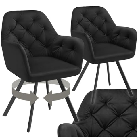 tectake® 2er Set Esszimmerstühle drehbar mit Armlehne, Samtstoff Drehstuhl ergonomisch, Möbel für Wohnzimmer, Stühle für Dining Lounge, Office, als Schminkstuhl oder Schreibtischstuhl - schwarz