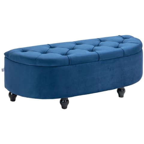 HOMCOM Aufbewahrungsbank, Truhe, gepolstert, halbrund, mit Samtbezug, Füße aus Gummibaumholz, für Wohnzimmer, Schlafzimmer, Eingang, 120 x 46 x 42 cm, Blau