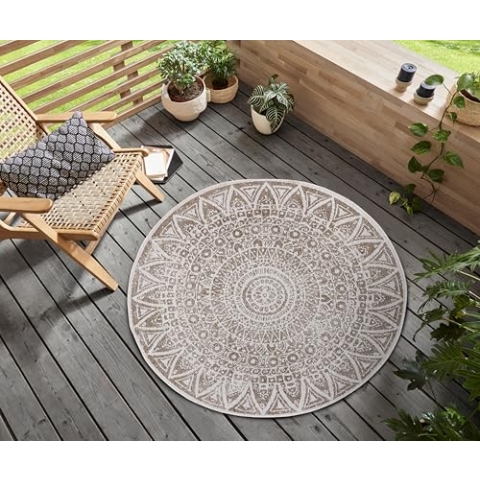 freundin Home Collection Nora In- & Outdoor Teppich Rund – Wendeteppich Wetterfest Modernes Design Runder Teppich für Balkon Terrasse Wintergarten Badteppich Wohnzimmerteppich, Grau Creme, 140cm