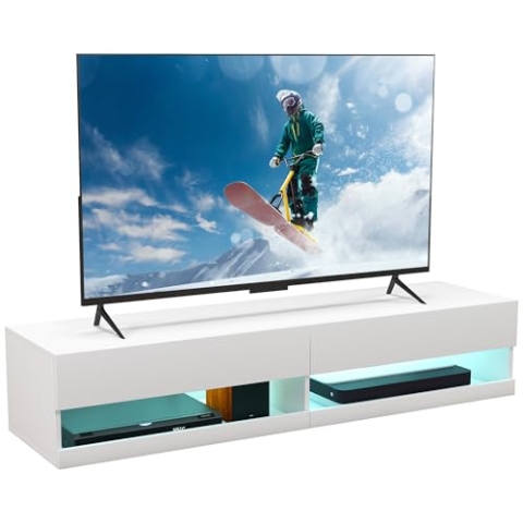 HOMCOM TV-Bank, Wandmontage, LED, moderner Stil – Schränke mit 2 Flügeltüren und 2 Kabeldurchführungen – aus Holz, Maße: 150 x 40 x 30 cm, weiß lackiert