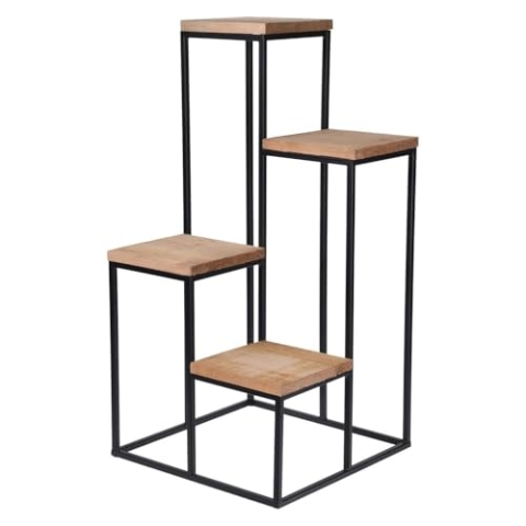 Generisch Stufenregal - 34 x 67 cm - mit 4 Stufen - Braun - Schwarz - Kiefernholz massiv - Metallgestell