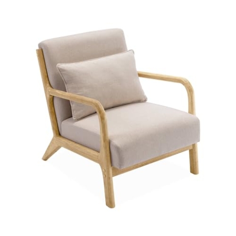 Moderner Sessel aus Holz und Stoff, 1 Person, Zirkelbeine, solides Holzgestell, skandinavischer Stil, Bequeme Sitzfläche in Beige - Lorens