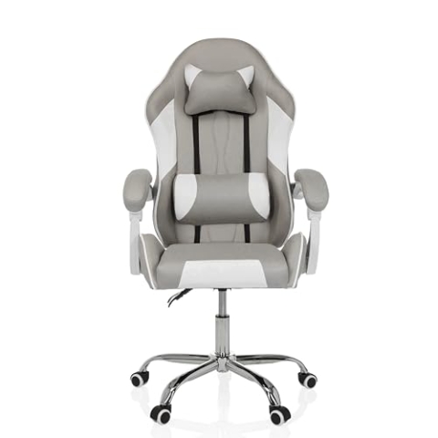 MyBuero Bürostuhl Gaming Stuhl GAMEBREAKER W03 Schreibtischstuhl mit Kopfkissen und Lendenkissen, höhenverstellbar, Velour-Stoff Grau/Weiß