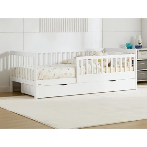 Vente-unique-Bett mit Schublade - 90 x 190 cm - Kiefer & MDF - Weiß - PROVIATI