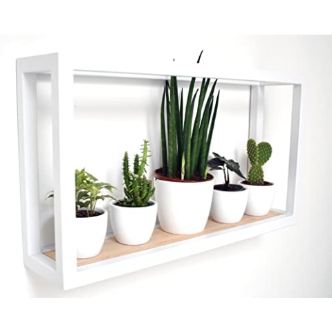 Galeara design Wandregal Metall Weiß und Schwarz mit Bambusholz SOTO - 2cm Dicker Stahl mit Bamus Holz - verborgene Aufhängung (Weiß, 52cm x 27cm)