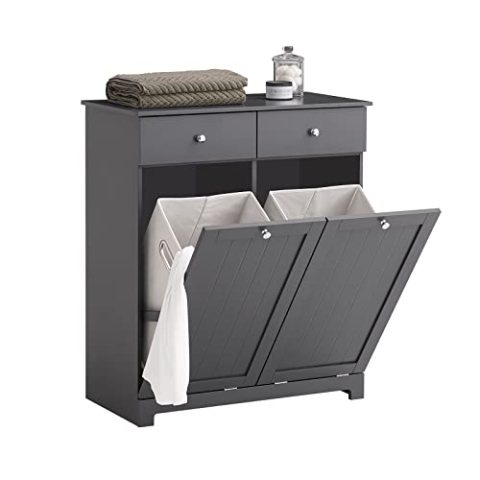 SoBuy Badezimmerschrank mit Wäschekorb - Badschrank mit 2 Wäschesäcken, 2 Schubladen - Stabiler Wäscheschrank für Bad, Waschküche, Wohnung - Badmöbel aus MDF, Dunkelgrau, 78x90x38cm, BZR33-DG
