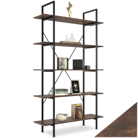 tectake Bücherregal mit 5 Ebenen, stabiles Standregal, Industrial Design, schwarzer Metallrahmen, Vintage Regal aus Holz, 106 x 34,5 x 179,5cm (Industrial Dunkelbraun)