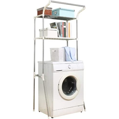BAOYOUNI Waschmaschinenregal mit 2 Ablagen und Hängestange, Badezimmerregal Platzsparend ohne Bohren, Toilettenregal aus Metall, Einfach zu Montieren, 65,5 x 49,5 x 173cm, Elfenbein