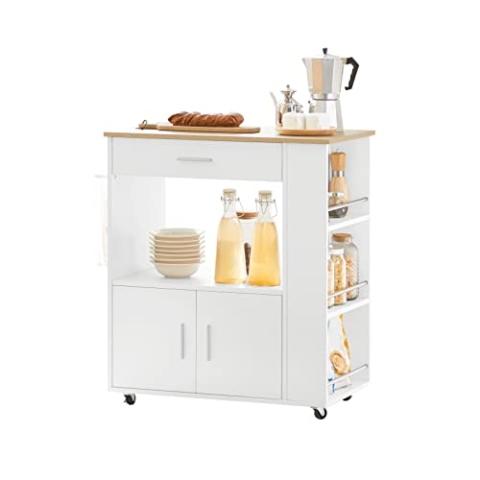 SoBuy Servierwagen mit Rollen Küchenwagen mit Arbeitsplatte Rollwagen Küche Kücheninsel mit Arbeitsplatte schmaler Mikrowellenschrank Küchenschrank Beistelltisch Holz Weiß 82×88×46 cm FKW113-WN