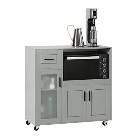 SoBuy FSB78-HG Sideboard auf Rollen Küchenwagen Mikrowellenschrank Küchenschrank Rollwagen Aufbewahrungsschrank Küchekommode Küchentrolley Hellgrau BHT ca.: 89x89x40cm