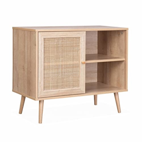 Sideboard mit Rattangeflecht 80 x 39 x 65,8 cm - 2 Ebenen - 1 Tür - Skandinavische Möbelbeine