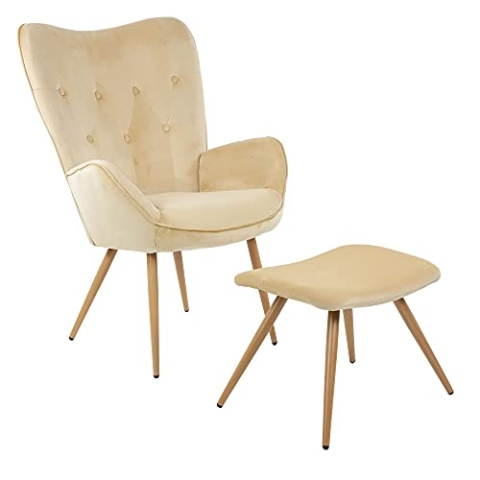 ALBATROS Ohrensessel mit Hocker York Beige - Vintage u Stilvoll, Samt-Bezug - Eleganter und SGS geprüfter Lesesessel oder Relaxsessel mit Hocker im Modernen Look