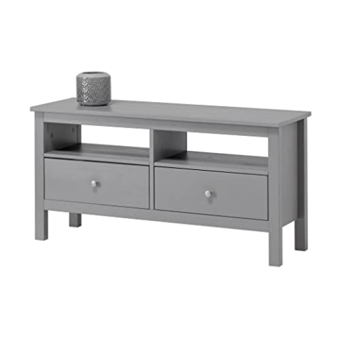 hagge home TV Schrank Holz 110x40 TV Board Holz Fernsehtisch Massivholz TV Lowboard Wohnzimmer Fernsehschrank TV Bank TV Tisch TV Kommode Weiss TV Table Sideboard Kleiner Fernseher Tisch Grau