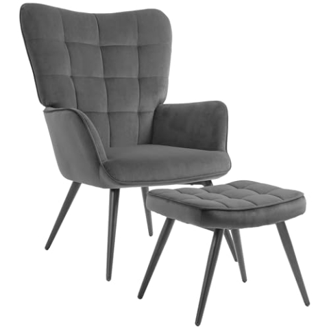 HOMCOM Ohrensessel mit Hocker Sessel Loungesessel mit Samtoptik, Modern Relaxsessel, Fernsehsessel, Polstersessel für Wohnzimmer, Schlafzimmer, Dunkelgrau