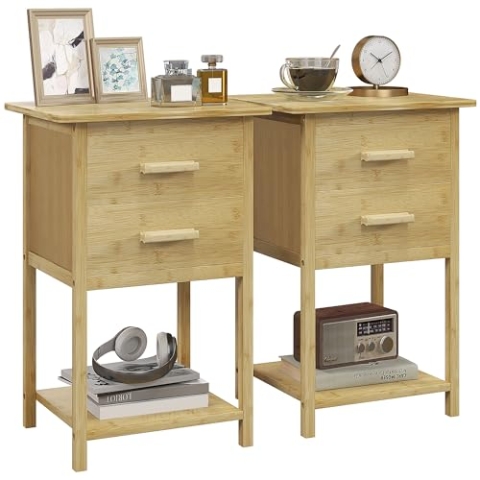 HOMCOM 2er Set Nachttisch, Nachtschrank mit Schublade, Ablage, Nachtkommode mit Griff, für Schlafzimmer, Wohnzimmer, Natur, 40 x 34 x 60 cm