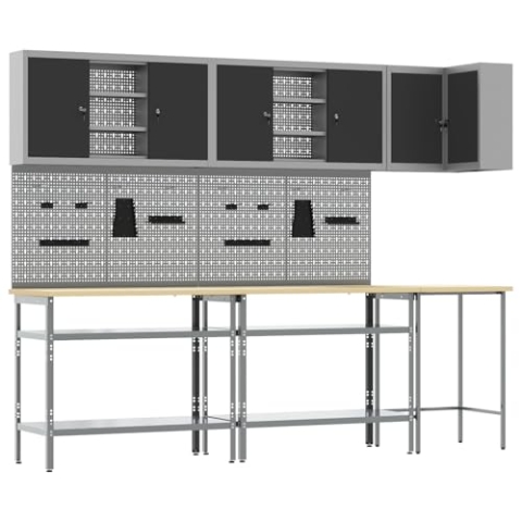 vidaXL Höhenverstellbarer Werkstatttisch mit Lochblech und stabilen Regalen in Grau, ideal für Garage, Basteln, industrielle Werkbank, Arbeitsplatz, schwere Metallorganisation, Stahl
