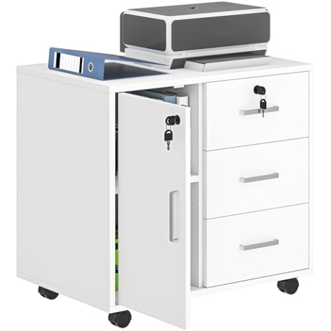 HOMCOM Bürocontainer Aufbewahrungsmöbel mit 3 Schubladen und verstellbarem Regal, abschließbarer Büroaufbewahrungsschrank mit Rollen, Abm. 40 x 60 x 56 cm, weiß
