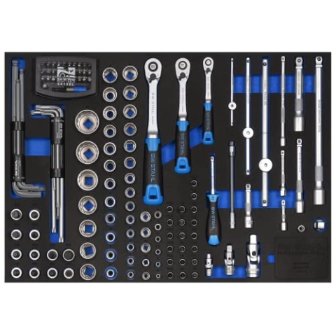 SW-Stahl Z3011-14 Werkstattwagensortiment, Steckschlüssel 1/4“, 3/8“, 1/2“, mit Ratschen, 144 TLG I Werkzeugwagen Einlagen I Profi Werkstatteinrichtung I Werkzeugeinlage bestückt Kfz I