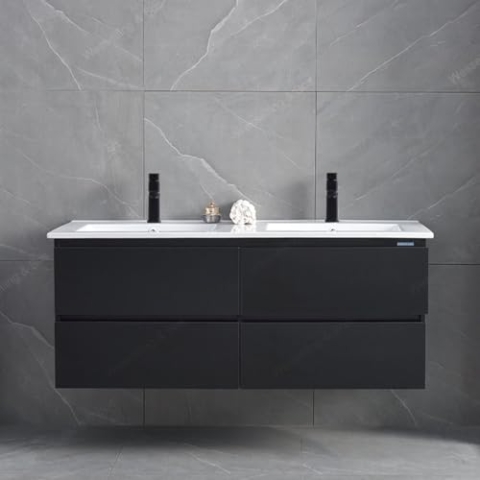 WEBO Badmöbel-Set London, 120 cm, Mattschwarz, mit Waschtisch, 2 Armaturen und Ablauf