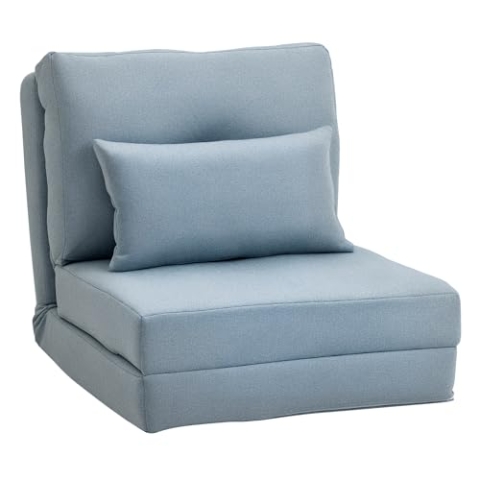 HOMCOM Bodensessel 2-in-1 Klappbett mit Verstellbarer Rückenlehne Bodensofa mit Zierkissen, Bodensitzkissen für Wohnzimmer, Schlafzimmer, Leinen, Himmelblau