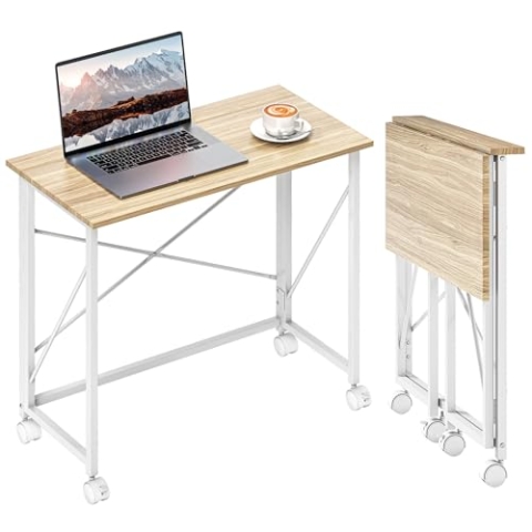 HOMCOM Klappbarer Schreibtisch Computertisch 80 x 40 cm Schreibtisch auf Rollen moderner Stil für Zuhause, Schlafzimmer, kleine Räume, Eiche