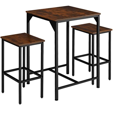 tectake® Bartisch Set 3-teilig, Stehtisch mit 2 Barhockern, Industrie-Design, 60 x 60 x 91 cm, Vintage Tischset mit Bistrotisch + Hocker, schwarzes Metallgestell (Industrial Dunkelbraun)