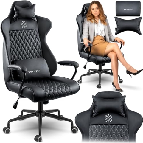 Sofotel Schreibtischstuhl Bürostuhl Ergonomisch Drehstuhl Verstellbar Kopfstütze Lendenwirbelstütze Armlehnen SoftUp SoftSwing Stuhl Arbeitszimmer Herausnehmbare Kissen Werona Schwarz Gesteppt