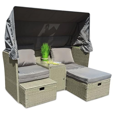 Muntel Sun Korbe,Rattan Sonneninsel Sitzgruppe,Lounge Möbel Set inkl. Sofa mit Sonnendach,OutdoorGartenmöbel,Terrassenmöbel, Hocker,Sesseln und Tisch,Loungemöbel,Strand,Garten,wetterfest grau