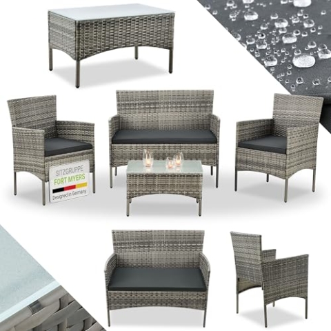Juskys Polyrattan Sitzgruppe Fort Myers 4 Personen mit 2er Sofa, 2 Stühle, Tisch & Sitzkissen wetterfest grau-meliert Balkonmöbel Gartenmöbel Set