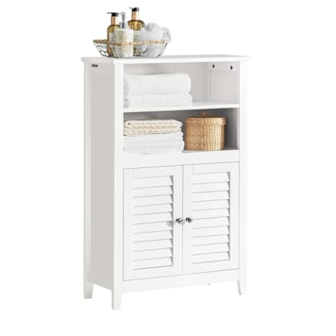SoBuy Badschrank Badkommode mit Ablagen und Türen – Kommode mit Lamellentür fürs Bad, Sideboard Flurschrank Badmöbel – Schmal, Platzsparend, Flur und Wohnzimmer, Weiß, 60 x 90 x 26 cm, BZR13-W