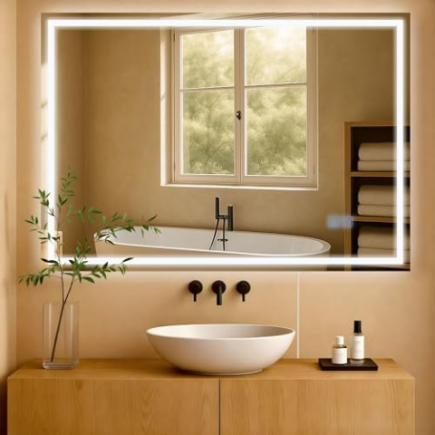 CLP Badspiegel Jaffrey mit Beleuchtung, Anti-Beschlag Badezimmerspiegel, Quer- und Hochformat, Wandspiegel dimmbar, 3 Licht-Modi, Größe:70x100 cm