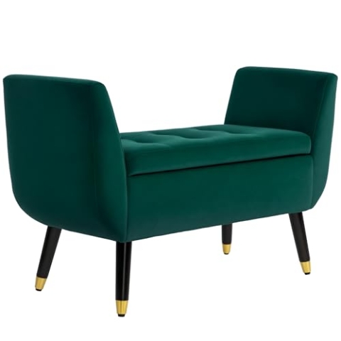 HOMCOM Sitzbank mit Stauraum Armlehnen Polsterbank mit Samtoptik, Sitztruhe mit Holzbeine, Truhenbank für Wohnzimmer Schlafzimmer Flur 107 x 42 x 65 cm, Grün