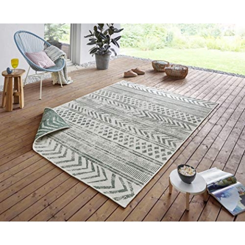 NORTHRUGS In- und Outdoor Teppich Biri 160x230cm - Wendeteppich Wetterfest Boho Style Vintage Design Läufer für Balkon Terrasse Garten Wintergarten Wohnzimmerteppich Wasserfest in Grün Creme