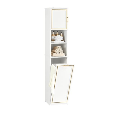 SoBuy BZR87-W Hochschrank mit ausklappbarem Wäschesack Badezimmer Schrank Badschrank schmal Wäscheschrank Badregal Badezimmermöbel Weiß BHT ca. 33x171x32cm