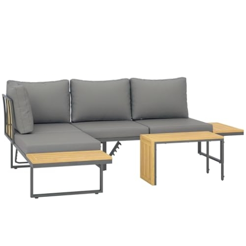 Outsunny Gartenmöbel-Set für den Außenbereich, Eckmöbel, 6-Sitzer, modular, aus Akazienholz, mit Sofas und Couchtisch, verstellbare Rückenlehne und Kissen, Liegestühle für Garten, Terrasse, grau