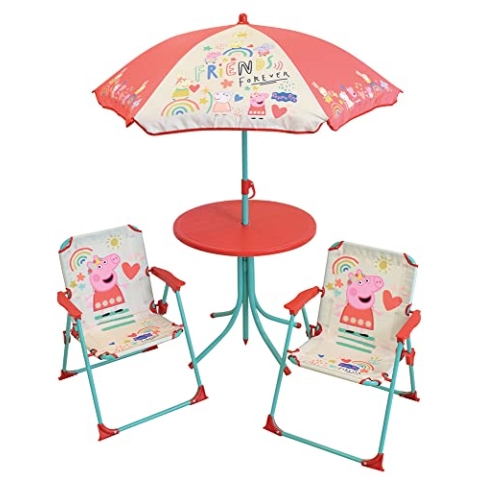 FUN HOUSE Peppa Pig Gartenm�bel - 1 Tisch H.46x�46cm, 2 St�hle H.53xB.38,5xT.37,5 cm und 1 Sonnenschirm H.125 x �100 cm - F�r Kinder