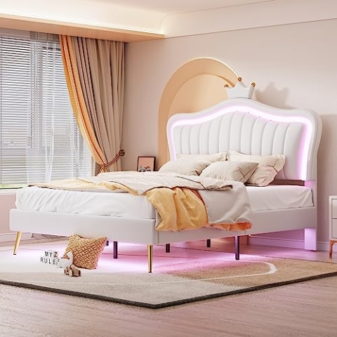 OKYION Polsterbett 140x200cm mit Kroneform Kopfteil und LED, höhenverstellbarem Kopfteil und Lattenrosten, Jugendbett Kinderbett Kunstleder DoppelbettOhne Matratze