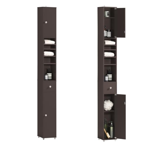 SoBuy Badzimmerschrank Schmal - Badezimmer Hochschrank aus Holz mit verstellbaren Einlegeböden - Wasserabweisender Badschrank - platzsparendes Badmöbel, Braun, 20x180x20cm, BZR34-BR