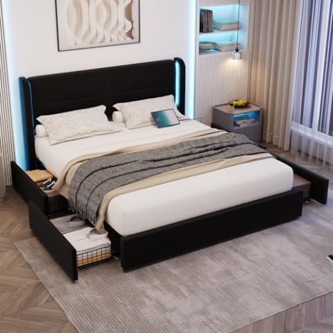 okwish Polsterbett 160x200 cm Doppelbett, Stauraumbett mit 4 Schubladen, Funktionsbett Gepolstertes Bettgestell mit Kopfteil LED-& USB Typ-C Anschlus, Samt Schwarz - mit Matratze