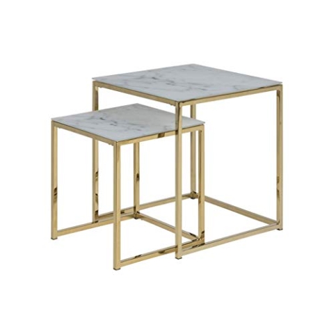 Amazon-Marke: AC Design Furniture Antje Quadratischer Beistelltisch in Marmoroptik Weiß/Gold, Glas/Metall, Set mit 2 Tischen, B: 45 x H: 50 x T: 45 cm