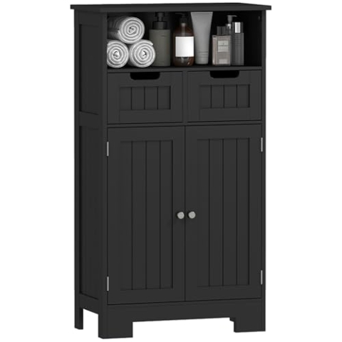 kleankin Badezimmerschrank, Aufbewahrungsschrank mit 2 Schubladen, Nische, Schrank mit Tür, verstellbares Regal, Badezimmerschrank, Küche, Wohnzimmer, 60 x 30 x 109 cm, Schwarz