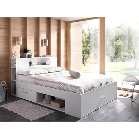 Vente-unique Bett mit Stauraum & Schubladen - 160 x 200 cm - Weiß - Leandre
