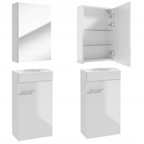 .Deftrans Waschtisch + Spiegel Badmöbel Set für Gäste Bad WC waschbeckenunterschrank und spiegelschrank Bad 40 x 60 x 21,3 cm weiß Hochglanz - badmöbel Set- Badezimmer waschbecken mit unterschrank