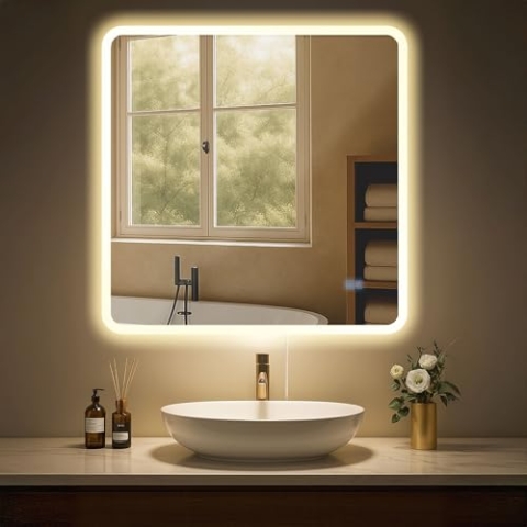 CLP Badspiegel Jericho mit Beleuchtung, Anti-Beschlag Badezimmerspiegel, Wandspiegel mit LED-Licht, dimmbar, 3 Licht-Modi, Größe:80x80 cm